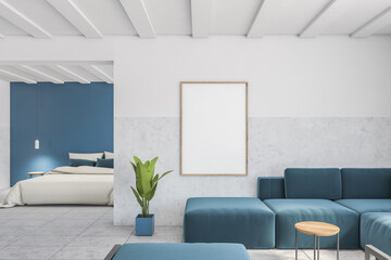 White living room interior with blue sofa, poster and bedroom