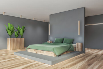Gray and wooden bedroom corner