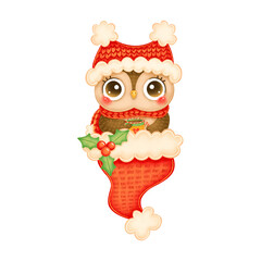 Illustration of cute cartoon christmas owl in red hat and scarf with tea mug in red santa hat isolated on white background