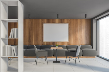 Gray and wooden office waiting room with poster