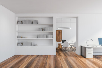 Office minimalist room, bright bookshelf and business open space wooden floor