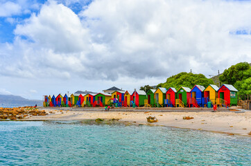 St James Beach Huts and the tidal pool, Cape Town, Western Cape, South Africa