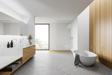 Naklejka na ściany i meble White and wooden bathroom interior with sink and tub