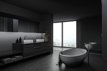 Fototapeta na wymiar Gray and wooden bathroom corner with sink and tub