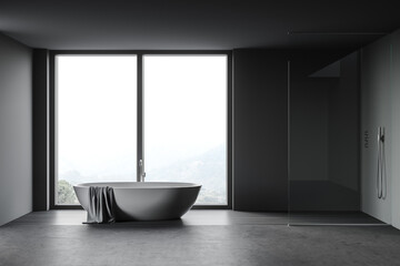 Obraz na płótnie Canvas Gray bathroom interior with tub and shower