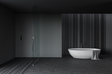 Fototapeta na wymiar Gray and wooden bathroom with tub and shower