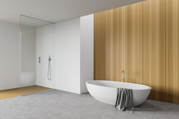 Obraz na płótnie Canvas White and wooden bathroom corner with tub and shower