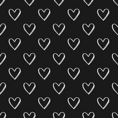 Valentine's Day seamless pattern with white watercolor heart outlines on black background