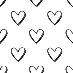 Valentine's Day seamless pattern with black watercolor heart outlines on white background