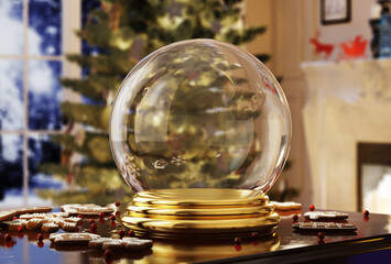 
Empty christmas snow globe on blur background. 3d illustration