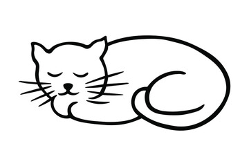 Sleeping cat in ink isolated on white background, cozy autumn. Hand drawn vector decorative element in doodle style for invitation and decoration, postcard, banner or website