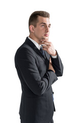Thoughtful young businessman, side view isolated