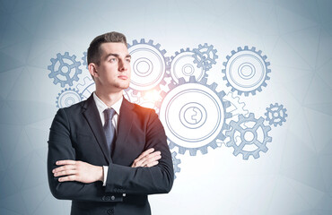 Confident businessman and gears sketch