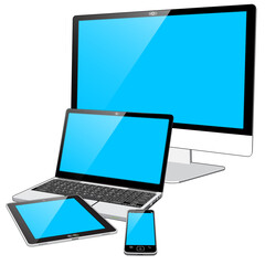 A collection of 4 “Cloud” connected Devices - A Smart Phone, Tablet PC, Laptop PC and a Large Display “All in One” PC. The Blue screens indicate the devices are powered on.