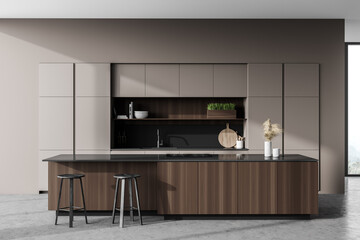 Light gray kitchen interior with bar