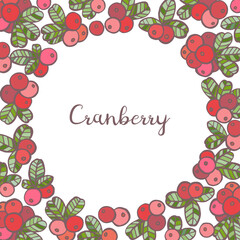 Round frame with Cranberry, berries, leaves. Graphic hand drawn flat style. Doodle illustration for packaging, menu cards, posters, prints. Isolated over white background.