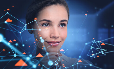 Smiling young woman and network interface