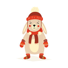 Christmas fluffy white standing rabbit in a red hat, mittens and felt boots. Vector illustration on white isolated background