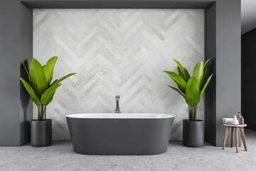 Modern grey bath in a big bathroom with grey tile floor and wall, large plants