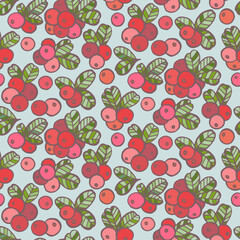 Seamless pattern with Cranberry and leaves. Graphic hand drawn flat style. Doodle illustration for packaging, menu cards, posters, prints.