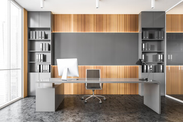 Gray and wooden panoramic CEO office interior