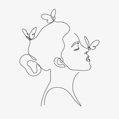 Woman head with butterfly composition. Hand-drawn vector line-art illustration. One Line style drawing.