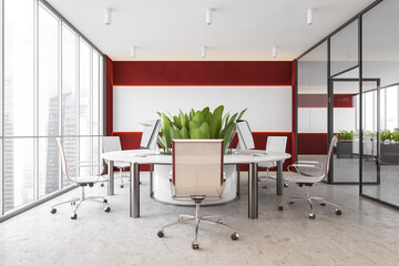Red and white open space office interior
