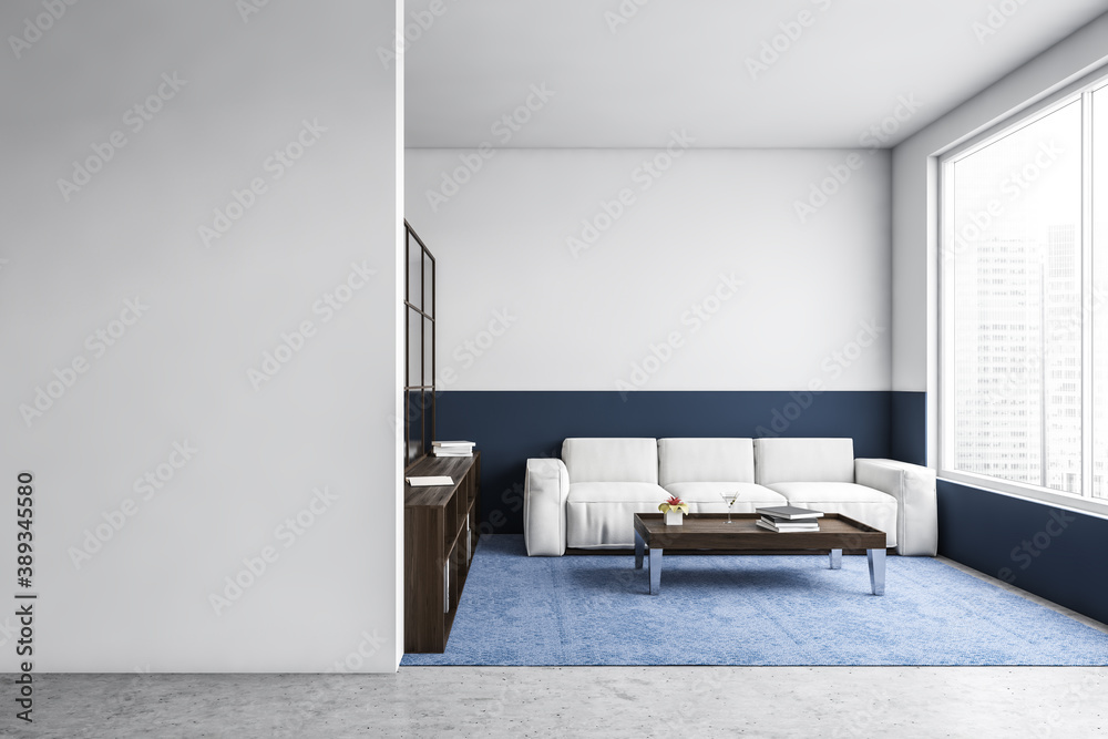 Wall mural White and blue living room interior with sofa and mock up wall