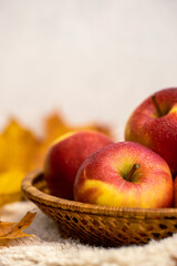 Colourful autumn apples and leaves in a basket 