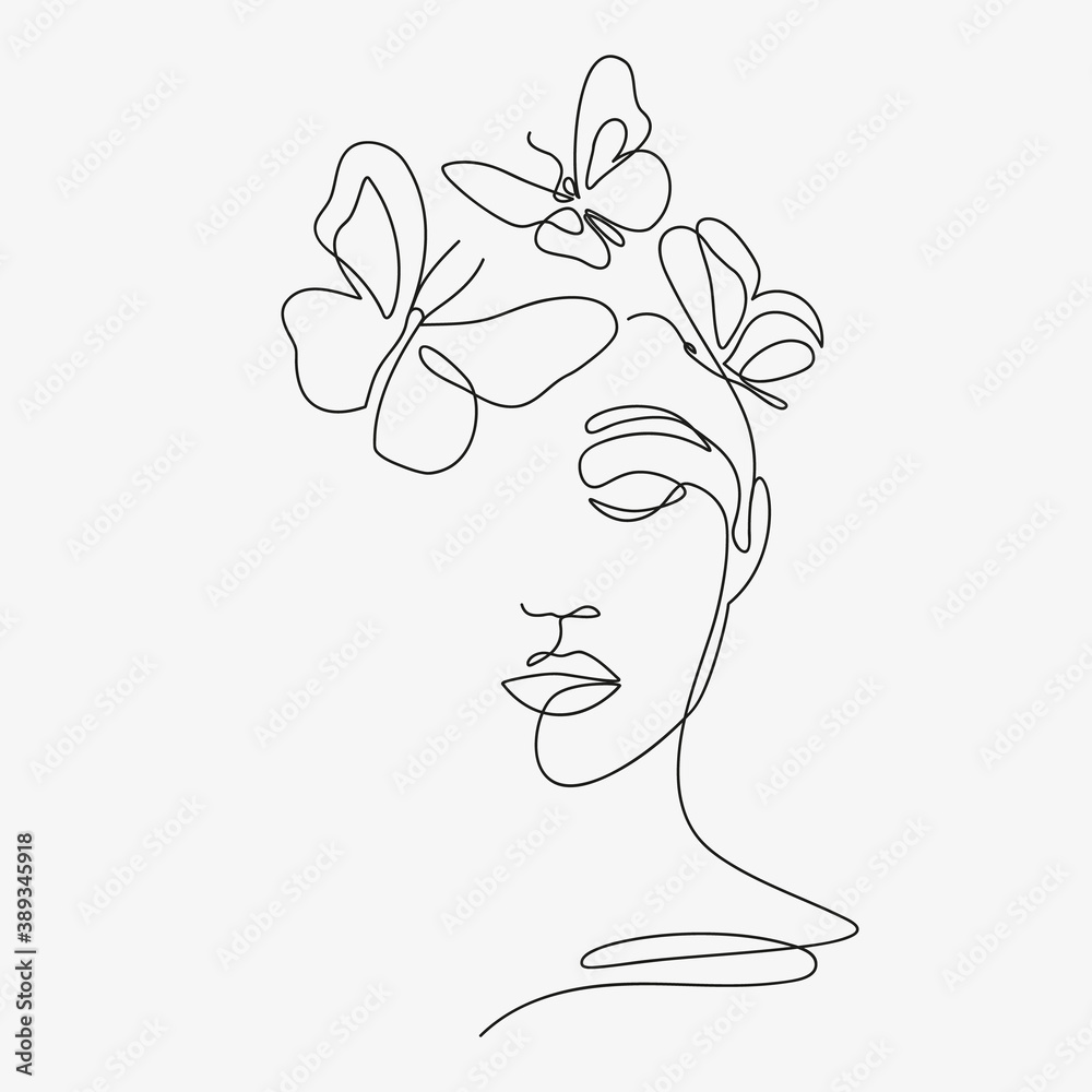 Wall mural Woman head with flowers composition. Hand-drawn vector line-art illustration. One Line style drawing.