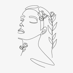 Woman head with flowers composition. Hand-drawn vector line-art illustration. One Line style drawing.