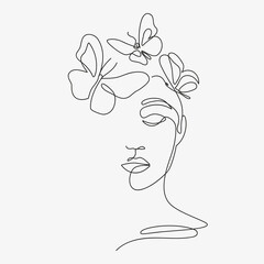 Frauenkopf mit Blumenzusammensetzung. Handgezeichnete Vektorgrafiken. Zeichnung im Stil einer Linie.