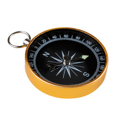 compass in a gold metal case, macro photography, on a white background, side view