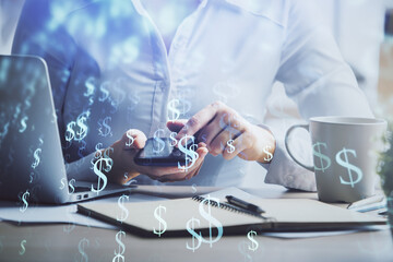 Double exposure of forex chart sketch hologram and woman holding and using a mobile device. Financial market concept.