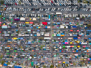 Car parking lot view from above, Aerial view at Ninja night market chonburi.