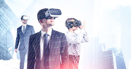 Three business people with VR glasses in modern city