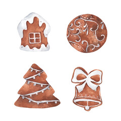 Set of gingerbread cute cookies. isolated on white background. Watercolor Christmas card for invitations, greetings, holidays and decor.
