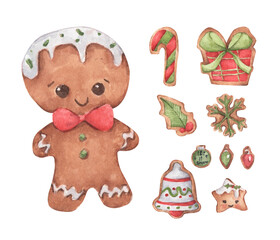 Set of gingerbread cute cookies. isolated on white background. Watercolor Christmas card for invitations, greetings, holidays and decor.