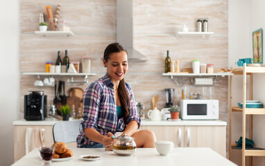 Fototapeta na wymiar Young lady drinking green tea and smiling at breakfast sitting at the table in the kitchen. Woman, lifestylem, beverage, preparation, herbal, teapot, morning, aromatic.