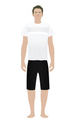Fototapeta premium White male boy in white t shirt and black shortss standing. vector