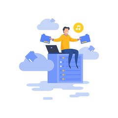 Flat man storing data online vector illustration