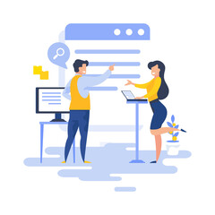 Cartoon colleagues searching data together vector illustration