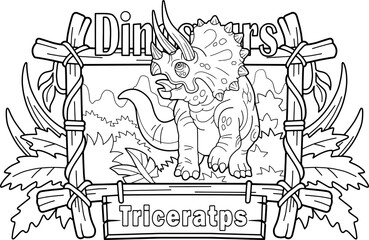 cartoon prehistoric dinosaur triceratops, coloring book, funny illustration