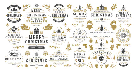 Christmas and happy new year wishes labels and badges set vector illustration