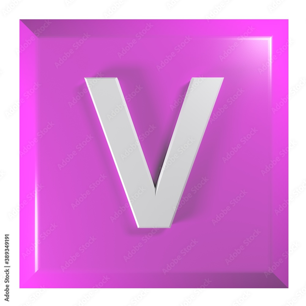 Fototapete pink square push button with the alphabetic letter v - 3d rendering illustration