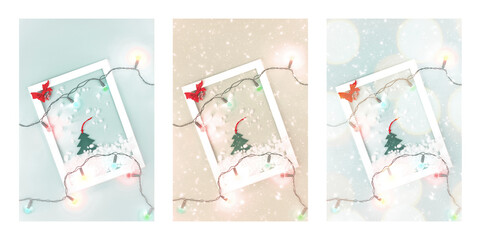 Christmas set of three photos with tree, red decoration, snow from small pieces of white cotton in white wooden frame with colorful lights. Blurred bokeh and snowfall on foreground.