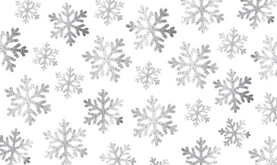 Background texture with silver snowflakes on white backdrop, illustration made of shiny particles