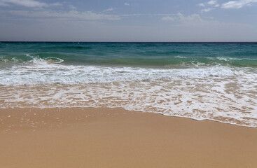 Fototapeta na wymiar Fuerteventura, Canary Islands, wide sandy Playa del Matorral beach on Jandia peninsula