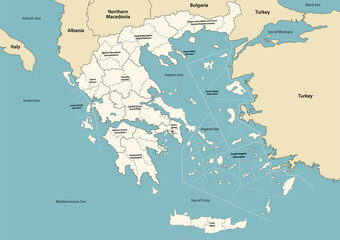 Greece provinces and regions vector map with neighbouring countries and territories