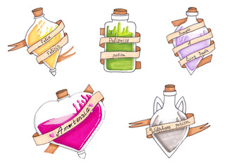 Fototapeta premium Handmade drawing with markers of potion bottles